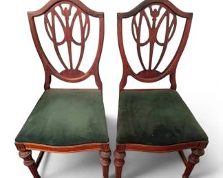 Pair of Green Velour ShieldBack Wooden Side Chairs