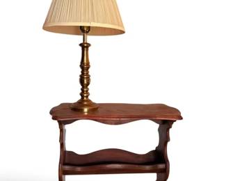 Solid Wood Side Table Magazine Rack With Brass Lamp