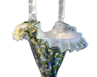 Fenton Vasa Murrhina Ruffled Art Glass Basket in Aventurine Green Blue
