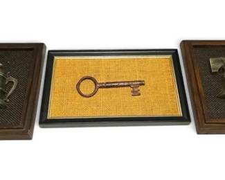Seth Thomas Wall Plaques With Liberty Bell  Stein Aling With A Framed Antique Skeleton Key