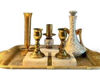 Vintage Brass  Marble Candlestick Holders, 24k Gold Electroplate Tray,  More