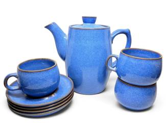 Denby Langley English Blue Tea Pot, Tea Cups, And Saucers