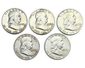 5 Benjamin Franklin Silver Half Dollars