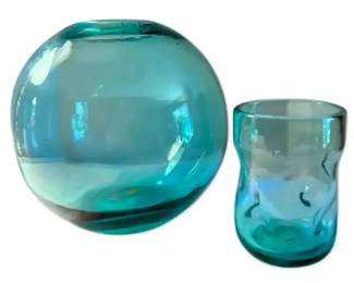 Blenko Aqua Blue Art Glass Fish Bowl Vase  Dimpled Glass Tumbler