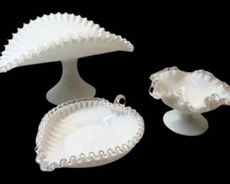 Fenton Silver Crest Milk Glass Footed Banana Boat, Compote,  HeartShaped Dish