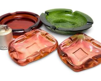 Colorful Vintage Ashtrays With Table Top Lighter