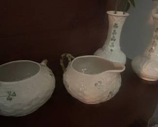 Belleek Shamrock Pattern Creamer, Sugar Bowl, and Pair of Vases