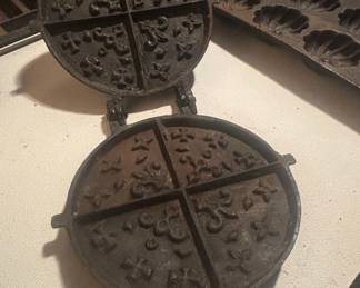 Antique Cast Iron Waffle Iron Plate with Fleur-de-lis and Cross Motif