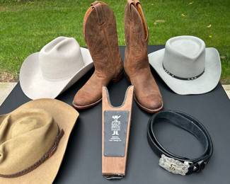 Cowboy boots, hats and belt buckle