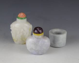 Suzhou Carved Nephrite Jade Snuff Bottle, Lavender Jadeite Snuff Bottle, and Lavender Jadeite Chinese Archer Ring - sold separately