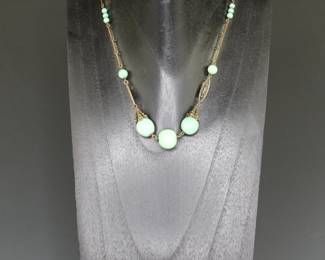Art Nouveau necklace with green glass beads imitating jadeite