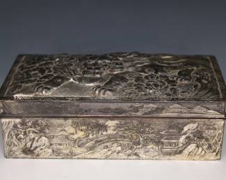 Japanese Komanu Wood Lined Metal Cigarette Box with Foo Dog relief