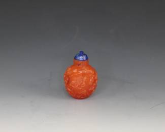 Suzhou carved Carnelian Chinese Snuff Bottle - very small and intricately carved.