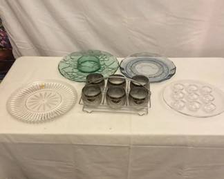 Six Silver Fade Glasses With Caddy. Serving Trays