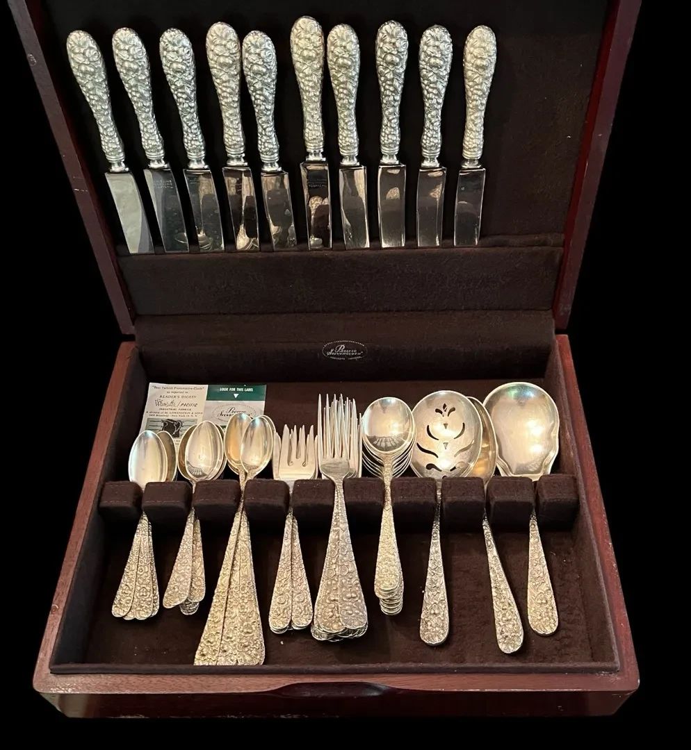 001 Stieff Rose Sterling Silver Flatware 62 Pcs w Wooden Storage Box