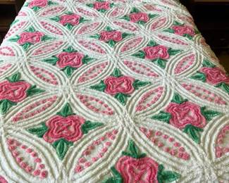 Vintage Chenille Bedspread Pink Rose Tufted Floral Pompoms