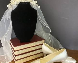 Vintage Ivory Satin Wedding Shoes  Floral Headpiece Veil