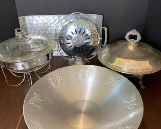 Vintage Mid Century Aluminum and Silver Tone Serving Pieces
