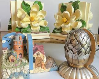 Bookends Lot 4 PairsArtichoke Finials, Magnolia Flowers, Coastal Lighthouse