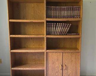 Pair of Light Oak Bookshelves w Adjustable Shelving and Lower Storage Cabinet
