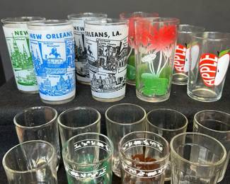 MCM Juice Glasses Lot 17 Kraft Swanky Swigs, Federal Glass Water Lily, Luminarc Apples