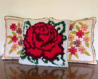 Vintage 1970s Latch Hook Pillows 3 Shag Floral Rose