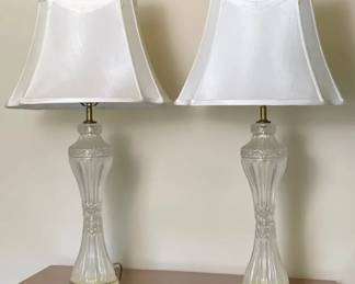 Pair of Vintage Hollywood Regency Clear Crystal and Brass Table Lamps with White Bell Shades
