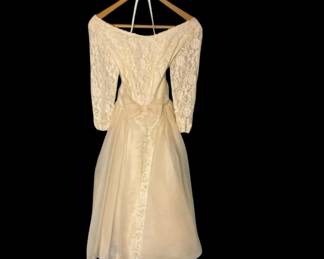 Vintage Off The Shoulder Cream Lace Wedding Dress With Delicate Overlay And Waist Bow Detail