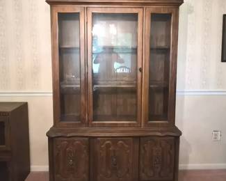 Vintage Dark Wood China Cabinet With Light