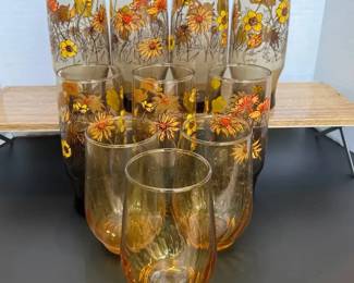 MCM Smokey Amber Glass Tumblers Lot 10 Orange Yellow Floral