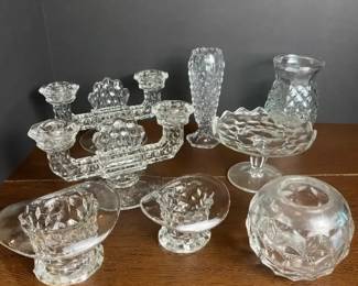 Vintage Fostoria American 2056  Candle Holders, Bud Vases, More  Clear Cube Pattern