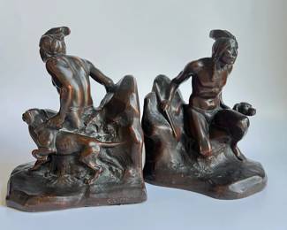 Vintage BronzeClad Bookends Awaiting the Prey Signed C. Vieth