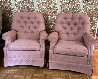 Vintage LaZBoy Mauve Pink Swivel Rocker Chairs 2 Art Deco Fan Pattern