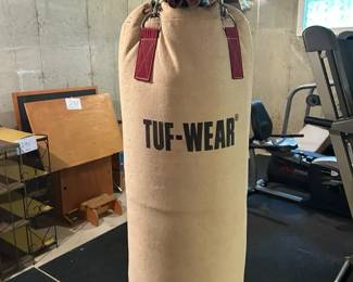 Vintage White TufWear Punching Heavy Bag Gloves and Vintage Dumbbells