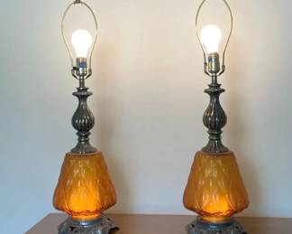 006 Pair Of Vintage 1970s Hollywood Regency Amber Glass Table Lamps Nightlight Base