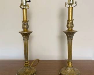 Vintage Berman Candlestick Table Lamps Pair Hollywood Regency Column Ornate Claw Feet