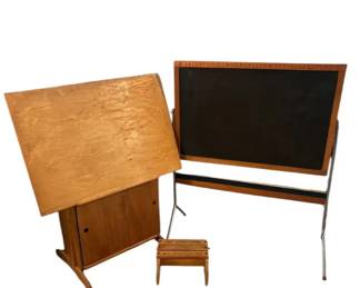 Vintage Childrens SchoolSet Lot  Chalkboard, Wooden Stool, Art Table