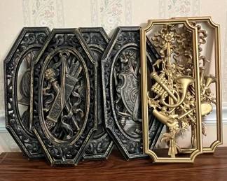 MCM Homco Syroco Wall Plaques 6 Medieval Armor  Gold Music Horns