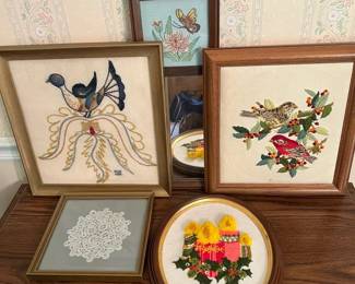 Vintage Framed Fiber Art Lot, Needlepoint, Crewel, More