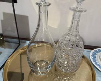 258 pairofdecantersonroundbrasstray