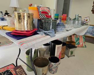 Metal trash cans, kitchen items, glassware
