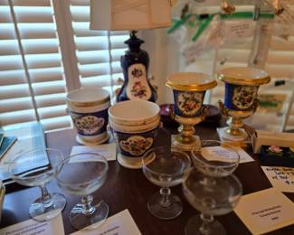 Porcelain pieces, vintage Atl Junior League and and Piedmont Driving Club champagne glasses