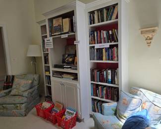 Books! Club chairs! Floor lamp