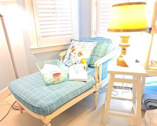 Chaise, side Table, lamp, floor lamp