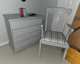 Wood chest of drawers, side chair