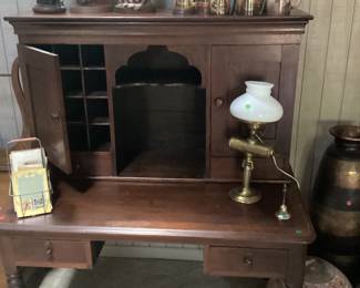 Postmaster Secretary Desk w/ Lamp and Collectibles 