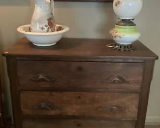 Antique Chest of Drawers w/Pitcher, Bowl and GWTW Lamp