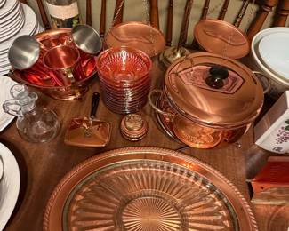 Vintage Copper and Pink Depression Glass Kitchenware 