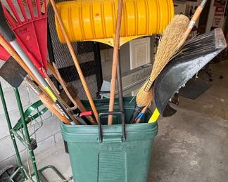 Assorted Garden and Snow Tools in Wheeled Bin with Cart