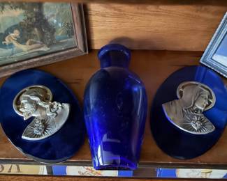 Vintage Cobalt Blue Glass Religious Wall Plaques